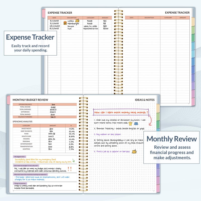 ساني مخطط ميزانية SUNEE - كتاب ميزانية شهرية مع دفتر ملاحظات لتتبع النفقات، منظم فاتورة غير مؤرخ لمدة 12 شهرًا ومخطط مالي لإدارة أموالك، دفتر حساب A5 (6.4 بوصة × 8.3 بوصة) مع علامة تبويب ملونة، أزرق - Image 4
